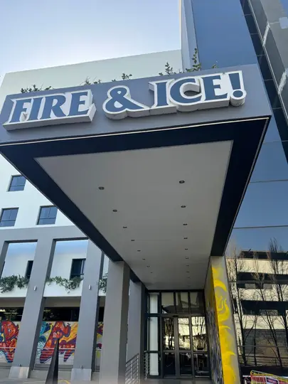Fire & Ice! signage and canopy soffit at the hotel entrance